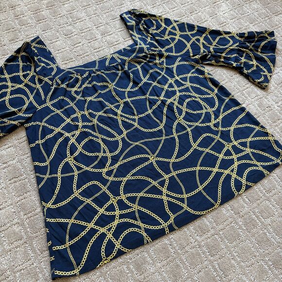 Michael Kors Navy Gold Chain Blouse Women's Large Nautical Peasant MK Logo NWT - Picture 2 of 11